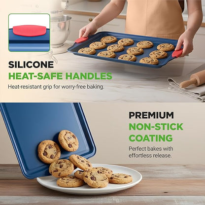 NutriChef 3-Piece Nonstick Cookie Sheets for Baking - Premium Carbon Steel Baking Trays w/ Non-Stick Smooth Coating & Silicone Handles - Large, Medium, & Small Bakeware - Blue