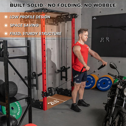 Wall Mounted Power Rack – 1600LB Capacity Compact Commercial Home Gym with Dual Cable Crossover, LAT Pulldown, Multi-Grip Pull-Up Bar & Landmine Attachment for Small Spaces, P67 Striker Red