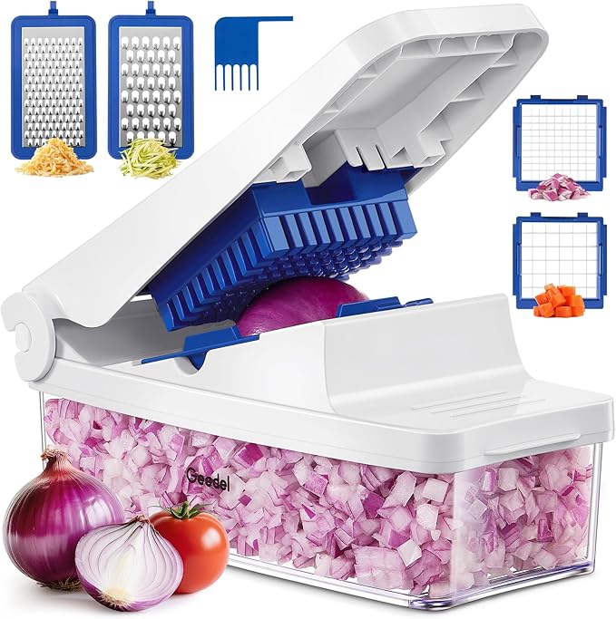 Geedel Vegetable Cutter, Onion Cutter Pro Food Chopper, Kitchen Vegetable Slicer Dicer Cutter Grater, Veggie Chopper with container for Salad Onion Potato Carrot (4 in 1, Blue)