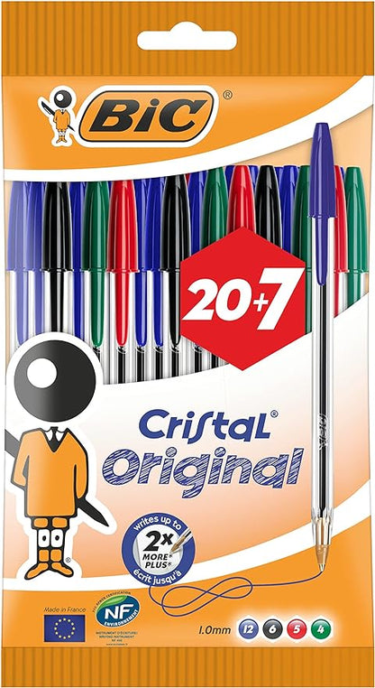 BIC Cristal Original Ballpoint Pens Medium Point (1.0 mm) â€“ Assorted Colours, Pouch of 20+7