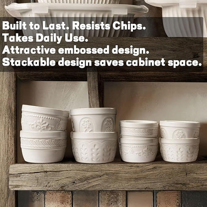Artena Ramekins Oven Safe, Creme Brulee Ramekins, Embossed White Ceramic Ramiken, Souffle Pudding Custard Cups, Baking Dish, Dipping Bowls, Sauce Cups, Set Of 4 (Damask Floral, 8 oz)