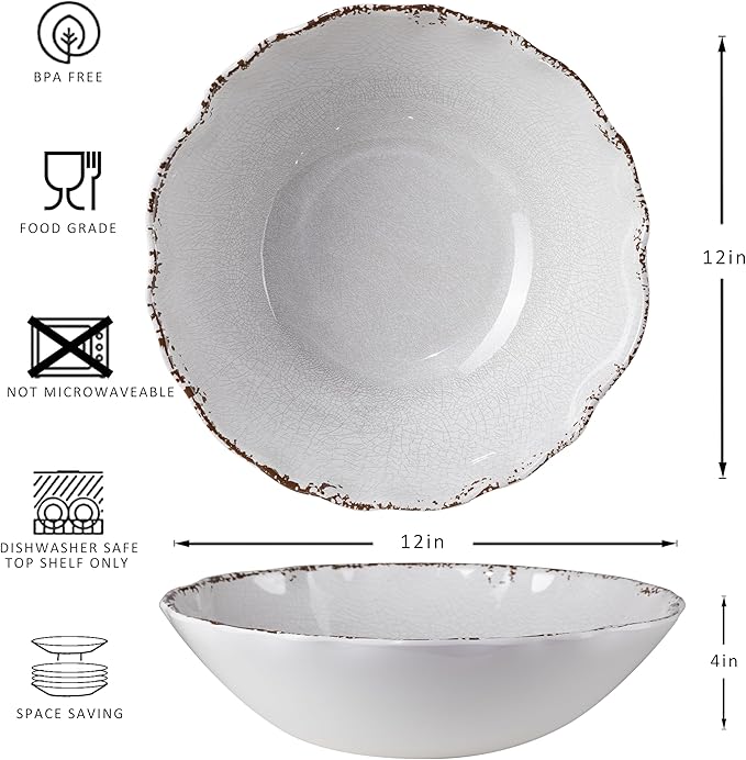 Rustic Melamine Serving Bowls, 12 inch Larger Salad Bowl Set, Set of 2, Farmhouse White large Melamine Bowl, Lightweight and Unbreakable, Dishwasher Safe…