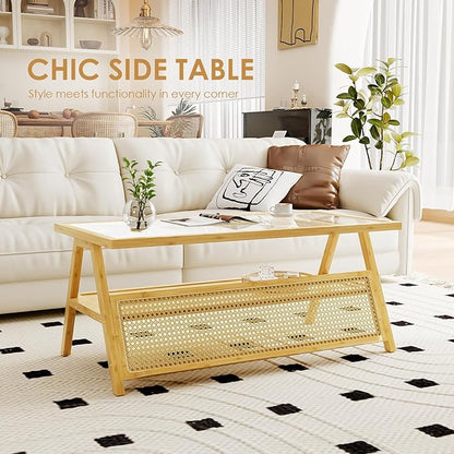 Bamworld Coffee Table with Storage Mid-Century Modern Coffee Table Boho BambooTable with Glass Top for Living Room Office