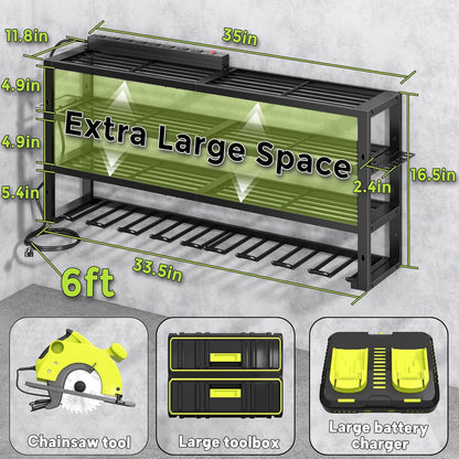 Large Power Tool Organizer Wall Mount with Charging Station, 8 Outlet Power Strip, 4 Layers 8 Drill Holder Heavy Duty Metal Tool Storage Loads 420lbs with Screwdriver Holder, Utility Racks for Garage