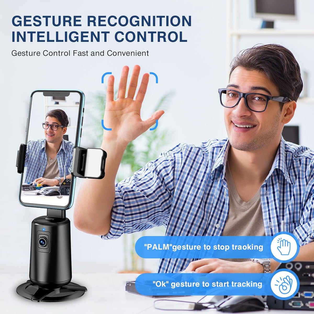 Auto Face Tracking Tripod 360° Rotating Cell Phone Photo and Video Kits Stand, No App, Camera Stand with Remote and Gesture Control, Rechargeable Smart Shooting Stand for Live Recording Tiktok（Black）