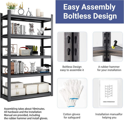 TOPKEY Metal Storage Shelf Garage Storage Shelves, Heavy Duty 5-Tier Utility Shelves for Garage, Kitchen, Warehouse, Adjustable Basement Storage Rack, Load 2500LBS, 72" H x 47.2" W x 23.6" D