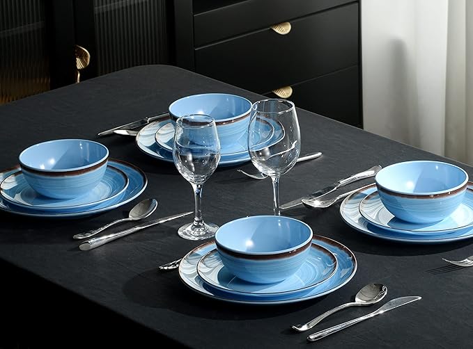 Melamine Dinnerware Set, Plates And Bowls Sets for 4, 12PCS Blue Color Dinnerware Sets, Unbreakable Dinnerware Dishwasher Safe BPA Free(Blue)