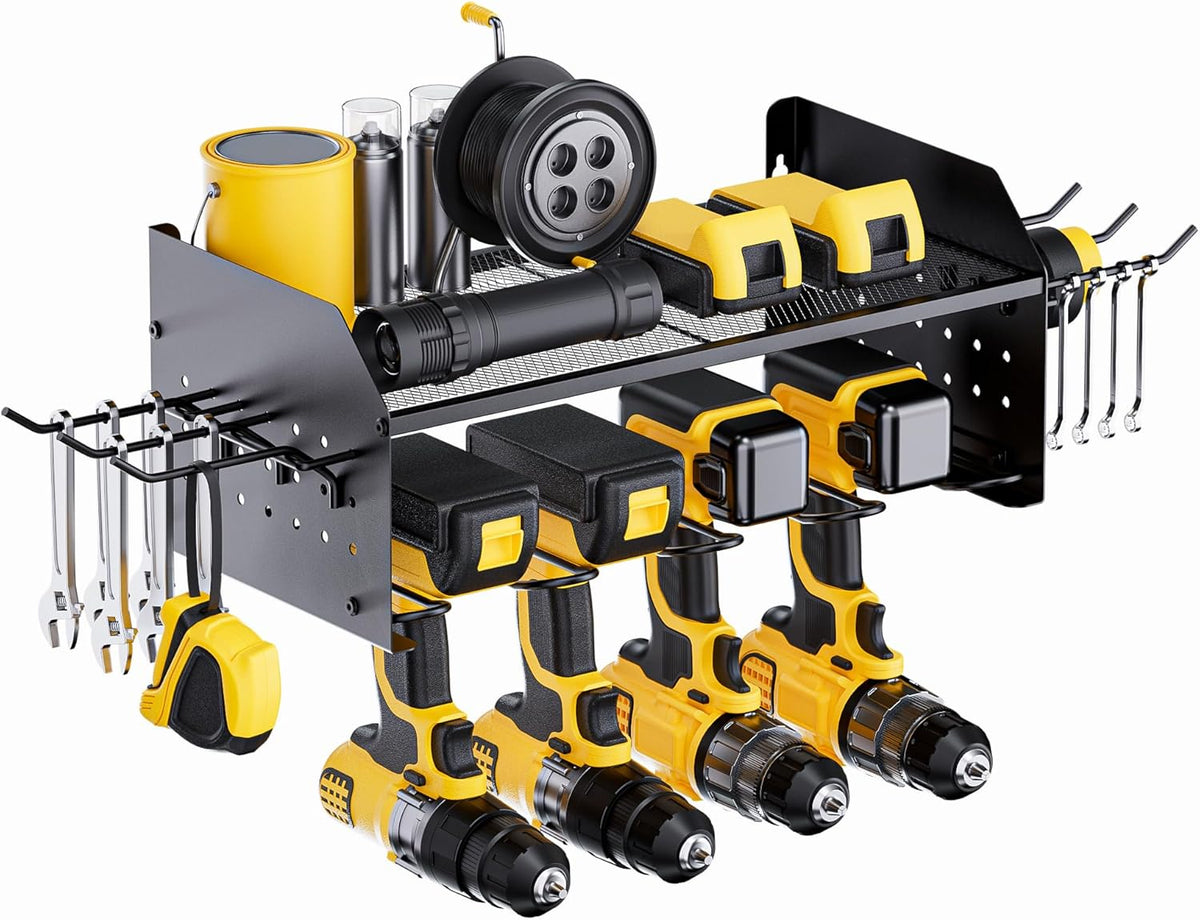 TRZZ Power Tool Organizer Wall Mount, 2-Tier Cordless Drill Rack with 4 Drill Holders and 2 Side Pegboards, Efficient Drill Storage for Garage, Tool Room, and Workshop (Black)