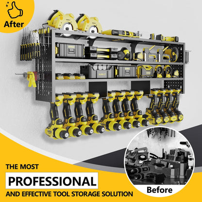 Large Power Tool Organizer Wall Mount, 4 Layer 49" W Heavy Duty Metal Tool Storage Rack with 12 Drill Holder, Utility Racks for Garage Workshop, Ideal Garage Organization Gifts for Men