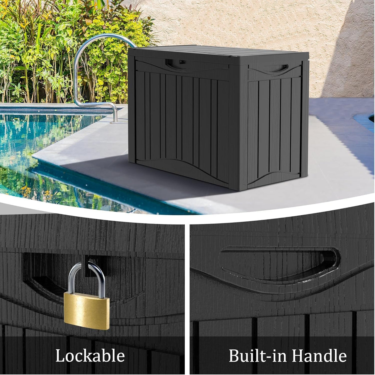 45 Gallon Lockable Resin Deck Box, Waterproof & UV-Resistant Outdoor Storage Box for Outdoor Cushion Storage, Garden Tools & Pool Accessories Storage, Black