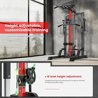 Pull Up Bar Power Tower Dip Station with Cable Machine, 450LB Home Gym | Pull up bar, dip station and 16-position cable system for pull ups, dips, lat pulldowns, rows and full-body training