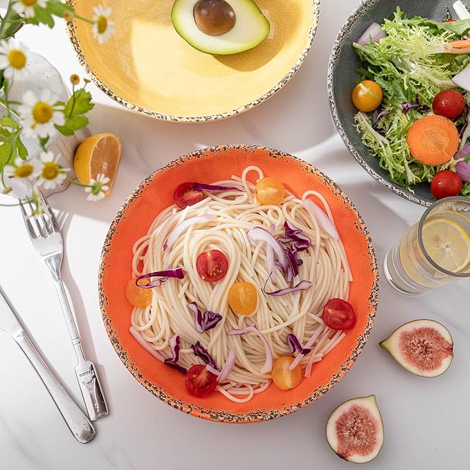 Farmhouse Melamine Pasta Bowls set, 42 OZ Large Fruit Bowl, Lightweight and Unbreakable Salad Serving Bowl, Set of 6, 9.25 inch Wide and Shallow Dinner Bowls, Dishwasher Safe,Orange…