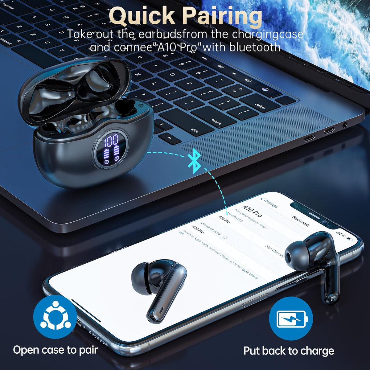 A10 Pro Wireless Earbuds, Bluetooth 5.3 Headphones HiFi Stereo 50H Playback LED Digital Display Ear Buds with ENC Noise Canceling Headset, IPX7 Waterproof Earphones for Gym/Running/Work
