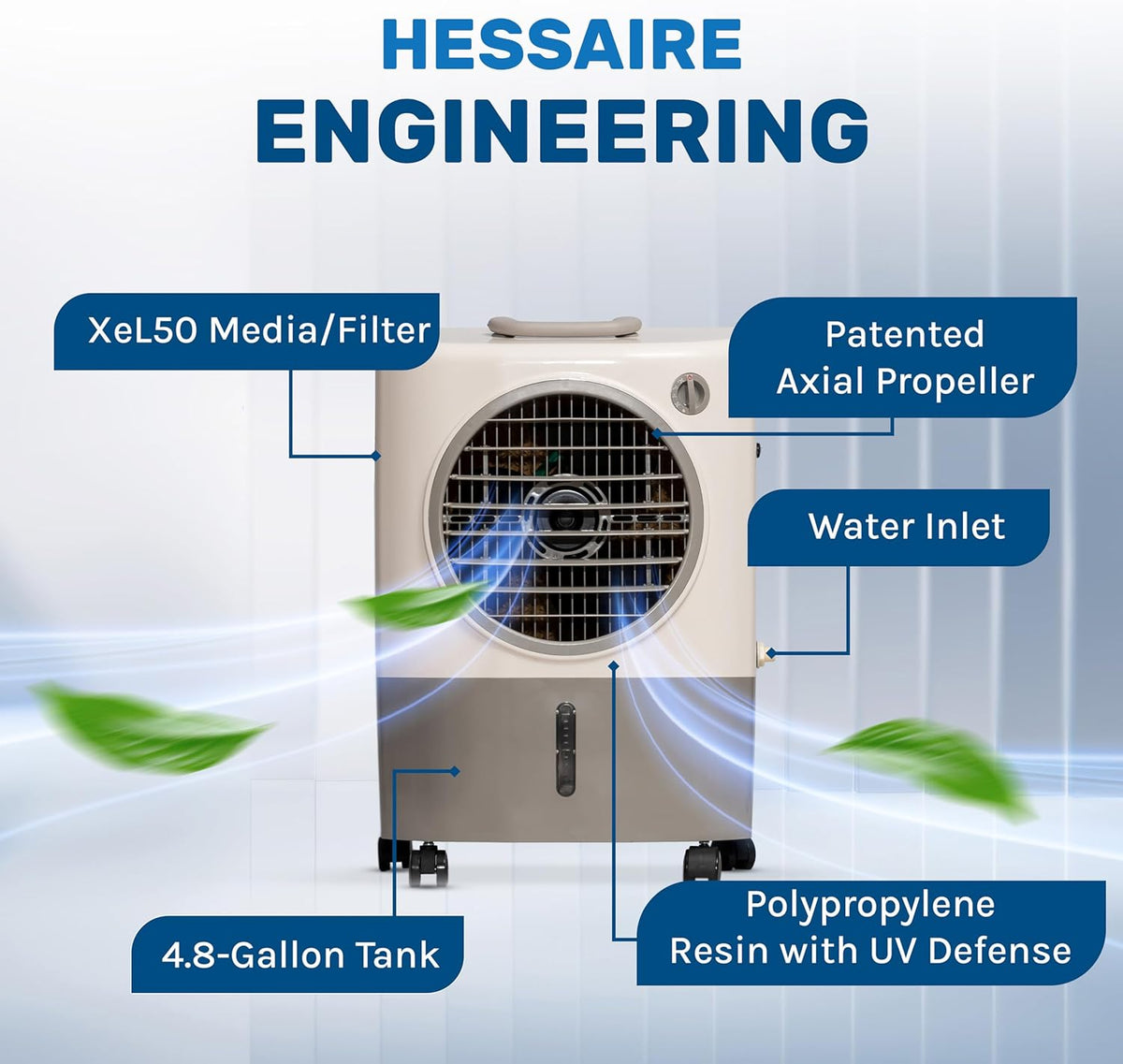 Portable Swamp Coolers - 1300 CFM MC18M Evaporative Air Cooler with 2-Speed Fan, 53.4 dB - 500 sq. ft. Coverage Evaporative Air Cooler Portable High Velocity Outdoor Cooling Fan by Hessaire - White