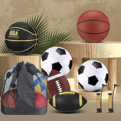 Sratte 6 Pcs Sports Balls Set for Kids Teens Adults Official Size Football Soccer Basketball with Pump Sports Equipment Bag for Youth Training Practice Gift Back to School