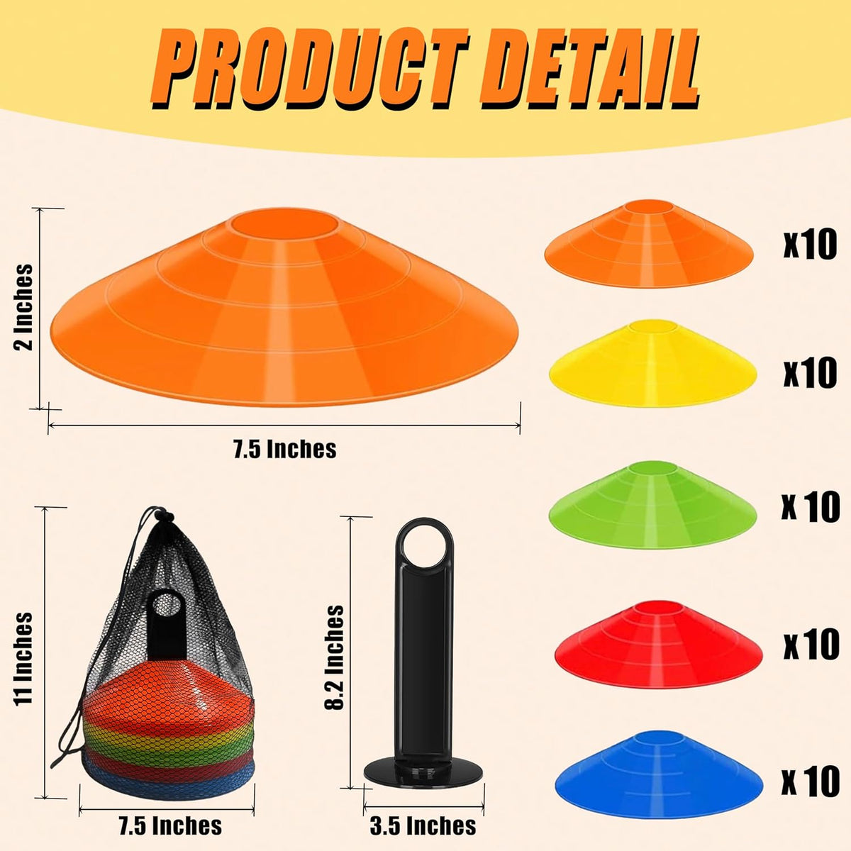 Disc Cones for Sports Training, 25/50 Pack Agility Soccer Cones with Carry Bag and Holder, Soccer, Football, Basketball, Coaching, Practice Equipment, 5 Color
