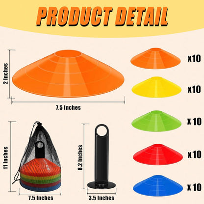 Disc Cones for Sports Training, 25/50 Pack Agility Soccer Cones with Carry Bag and Holder, Soccer, Football, Basketball, Coaching, Practice Equipment, 5 Color