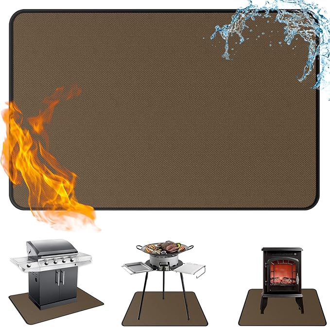 Anze Under Grill Mat for Outdoor Grill, 38x65 Inch Anti-Slip BBQ Floor Mats, Easy to Clean Reusable Fireproof Grill Pad, Oil-Proof Waterproof Protector for Indoor Fireplace Pit Mat Brown