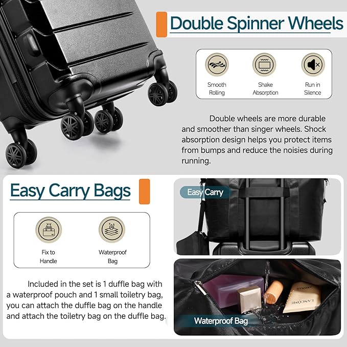 Hoteel Luggage Sets 3 Piece, ABS+PC Hard Shell Expandable Suitcases with Wheels, TSA Aproved Lock and Carry on Bags, Travel Suit Case Set for Men and Women, (3-Piece, Black)
