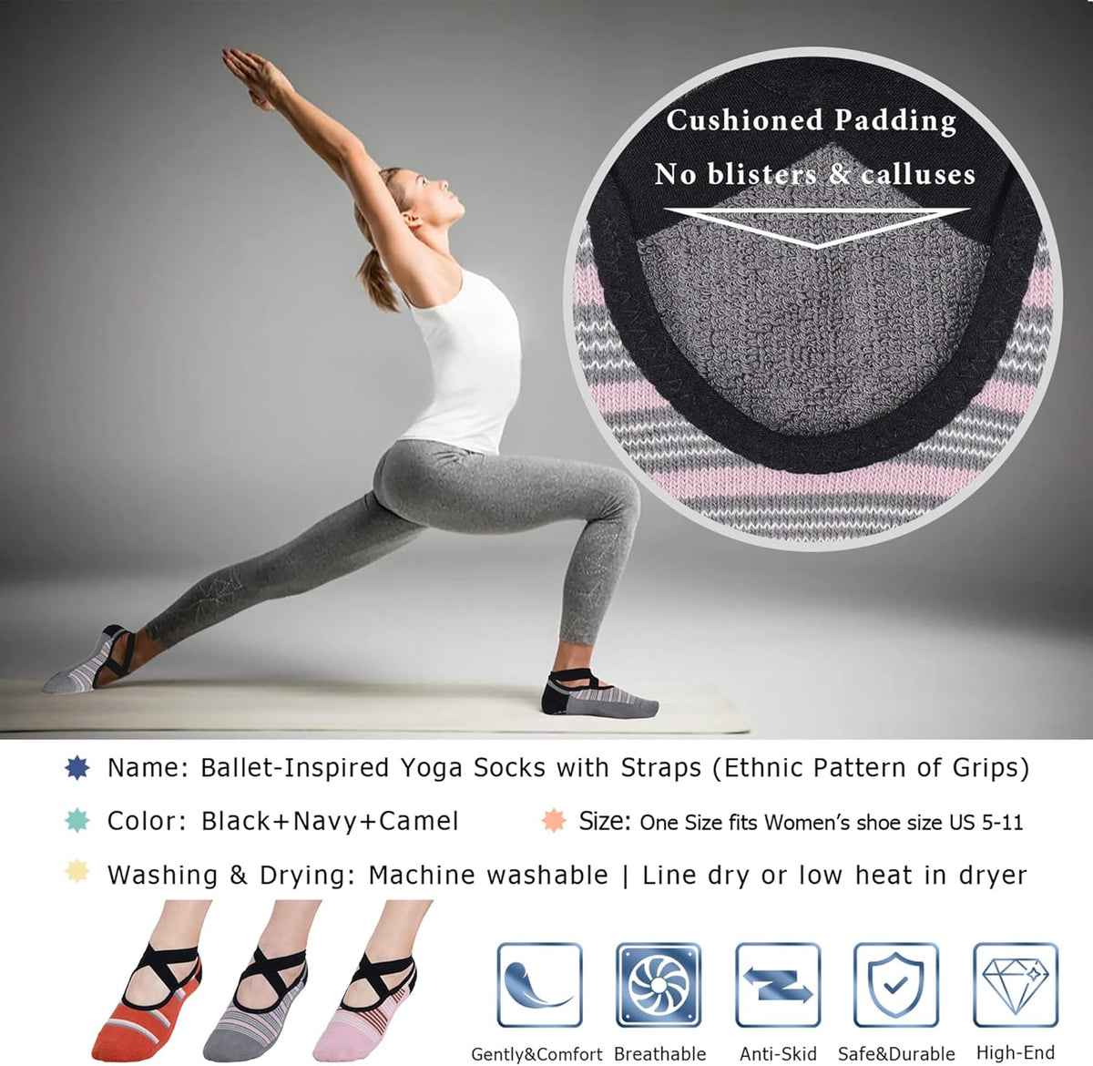 Ozaiic Yoga Socks for Women Non-Slip Grips & Straps, Ideal for Pilates, Pure Barre, Ballet, Dance, Barefoot Workout