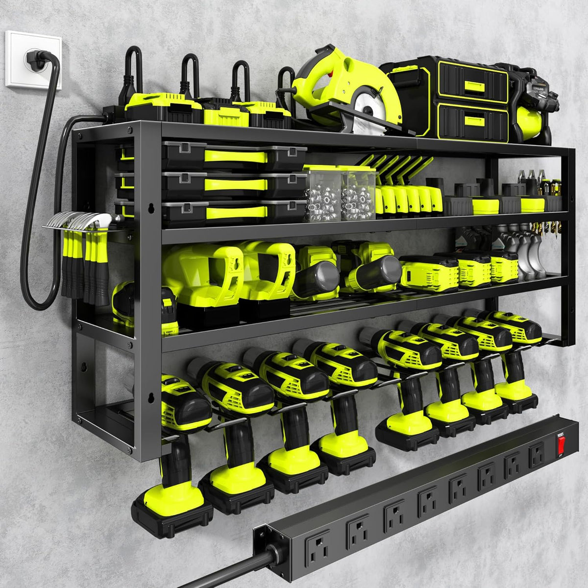 Large Power Tool Organizer Wall Mount with Charging Station, 8 Outlet Power Strip, 4 Layers 8 Drill Holder Heavy Duty Metal Tool Storage Loads 420lbs with Screwdriver Holder, Utility Racks for Garage