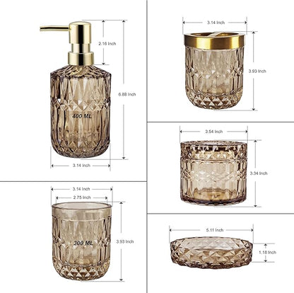 Brown Bathroom Accessories Set, 5Pcs Clear Glass Bathroom Accessories, Lotion Soap Dispenser, Toothbrush Holder Set, Soap Dish, Qtip Holder, Tumbler for Vintage Bathroom Decor, Gift Set