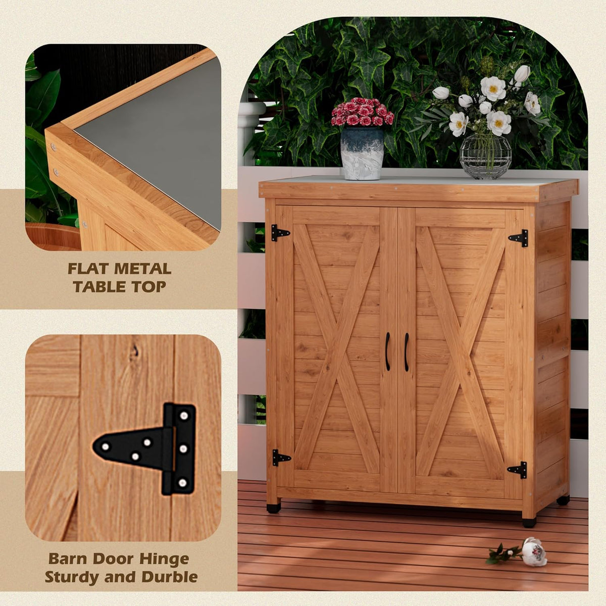 Outdoor Storage Shed Waterproof, Potting Shed with Storage Cabinet and Metal Table Top for Backyard Garden Patio, Outdoor Work Station Table, Light Brown
