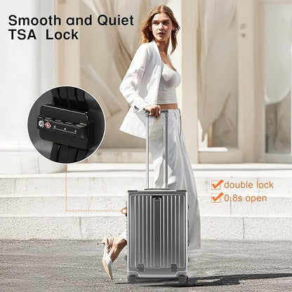 24 Inch Check-In Luggage Aluminum Frame Zipperless Luggage, Hard Shell Suitcase TSA Approved Checked Luggage, ABS+PC Lightweight Zipperless Suitcase with Spinner Wheels (Grey)