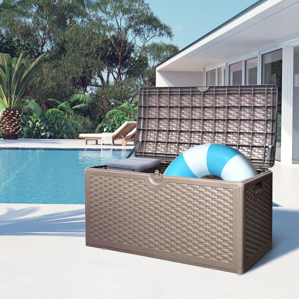 80 Plus Gallon Outdoor Storage Box, Waterproof Resin Deck Box Outdoor Storage Bin for Patio, Poolside, and Garden, Lockable & UV-Resistant, Ideal for Small Spaces, Brown