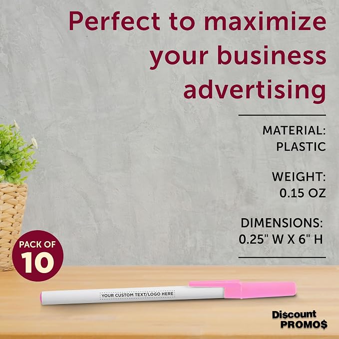 DISCOUNT PROMOS Custom Value Stick Pens Set of 10, Personalized Bulk Pack - Black Ink, Great for Office, School, Business, Tradeshows, Events - Pink