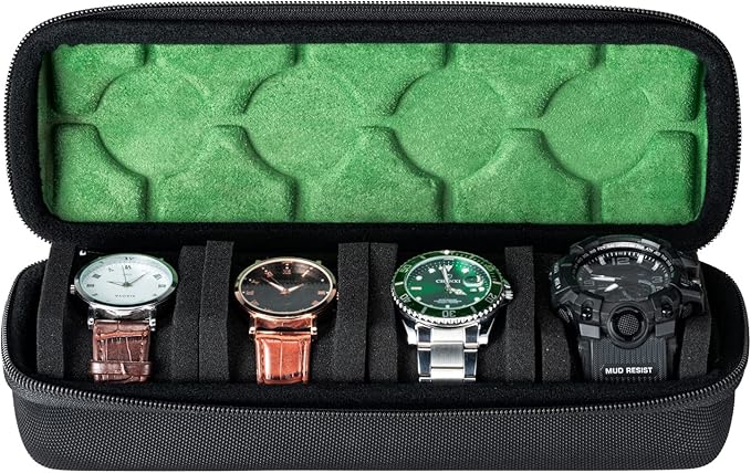4 slots watch travel case roll, hard watch box storage organizer with soft foam pillows, fit up to 55mm face size watch(green microfiber lining)