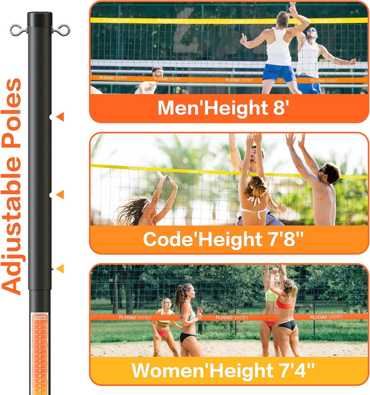 Volleyball Net for Backyard, Professional Portable Outdoor Heavy Duty Volleyball Net Set with Adjustable Aluminum Poles, Anti-Sag Design, Double Tension Adjuster for Beach, Grass |1680D Bag