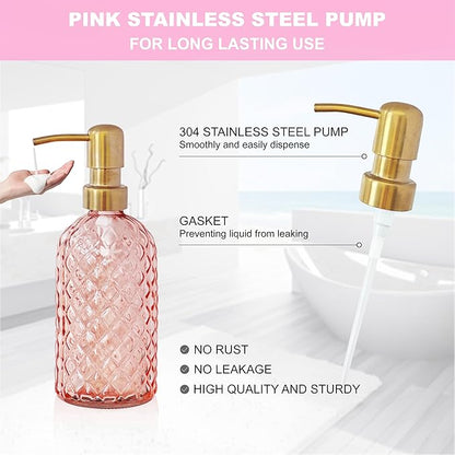 Pink Bathroom Accessories Set, 4Pcs Clear Glass Bathroom Sets Accessories, Lotion Soap Dispenser, Toothbrush Holder Set, Soap Dish, Qtip Holder for Vintage Christmas Bath Decor, Gift Set