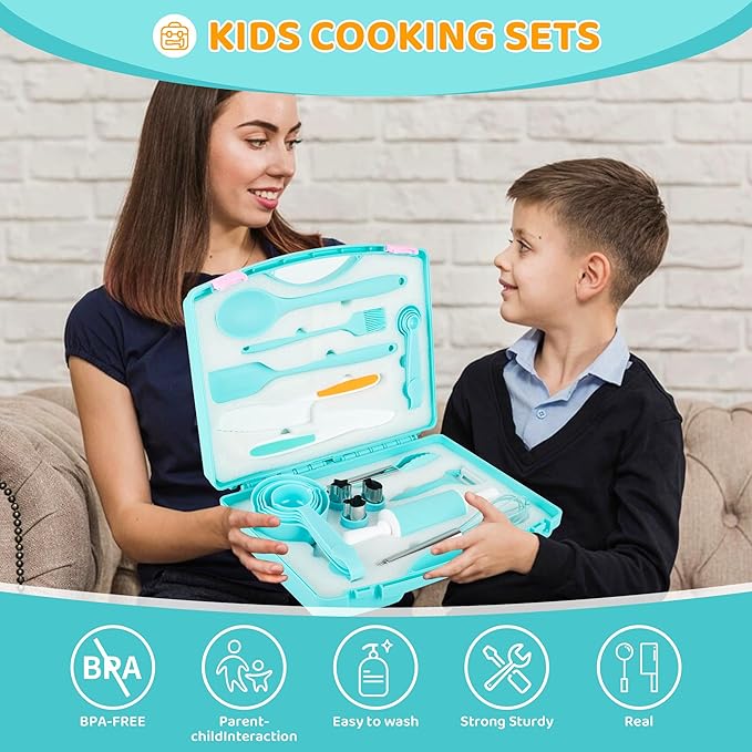 Kids Cooking Sets Baking Set with Storage Container 37 Piece Real Cooking Supplies with Cooking Utensils Cookbook Knives Apron for Girls Boys