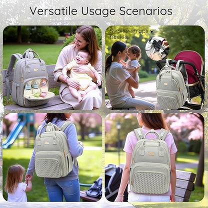 Diaper Bag Backpack - Large Multi functional, Boys, Girls & Baby Travel Essentials Tote with Changing Pad, Insulated Pockets, Stroller Straps, Waterproof - Baby Backpack for Mom & Maternity (Gray)