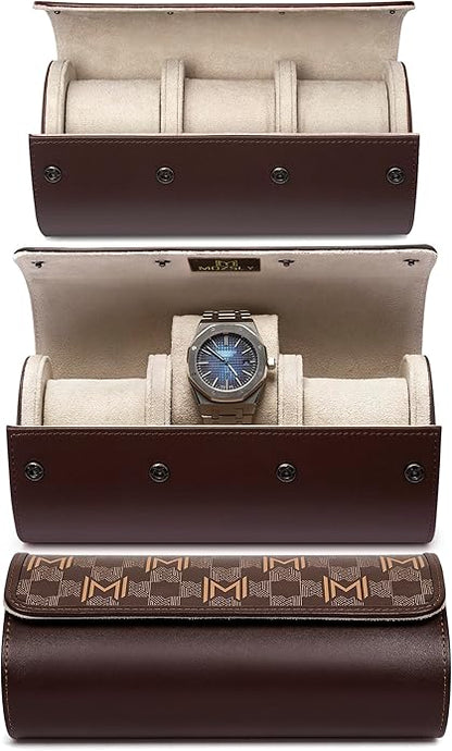 MOZSLY Watch Roll Travel Case 3 Slots Portable Watches Box Organizer Storage Holder Pattern PU Leather
