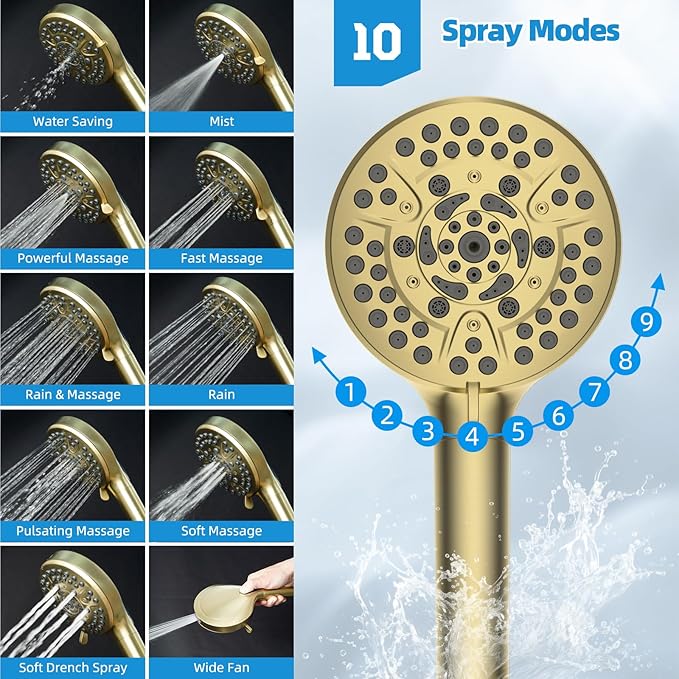 Hibbent All Metal Shower Head, 10'' High Pressure Rain Shower Head, Handheld Showerhead Combo with 16'' Adjustable Shower Extension Arm, 10 Sprays, 71'' Hose, Adhesive Showerhead Holder, Brushed Gold