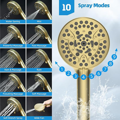 Hibbent All Metal Shower Head, 10'' High Pressure Rain Shower Head, Handheld Showerhead Combo with 16'' Adjustable Shower Extension Arm, 10 Sprays, 71'' Hose, Adhesive Showerhead Holder, Brushed Gold