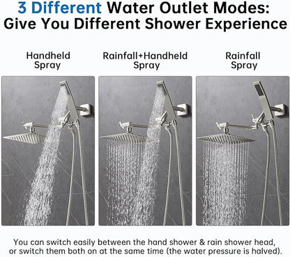 G-Promise All Metal 8 Inch Dual Square Shower Head with Handheld Spray Combo, Rain Shower Head, Adjustable Extension Arm, 3-Way Diverter, 71 Inch Extra Long Hose - A Bathroom Upgrade (Brushed Nickel)