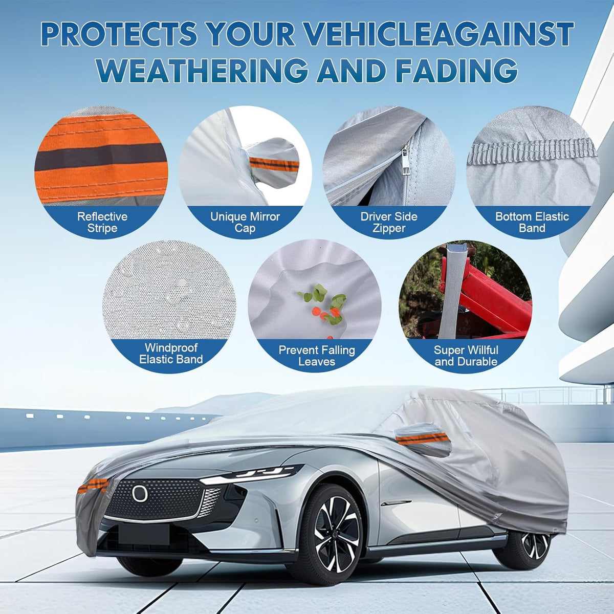 KEYOOG Fit for 178"-189" Length SUVs, 6-Layer Full Car Cover is All-Weather Waterproof, Universal in All Seasons, Snow Prevention, Rainproof, Acid Rainproof, Sunscreen, Orange Reflective Strip