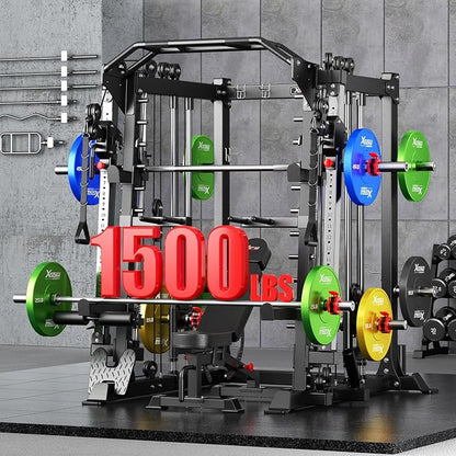 Smith Machine，Multi-Function Squat Rack Power Cage with Cable Crossover System,with Optional Weight Bench, Olympic Barbell Weight Set, for Home Gym