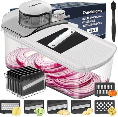 Ourokhome Vegetable Mandolin Slicer, Hand Safe Kitchen Food Shredder with 6 Mandoline Blades, Veggie Waffle Cutter for Potato, Carrot, Zucchini, Onion, Essential Kitchen Gadgets (6 in 1, White)