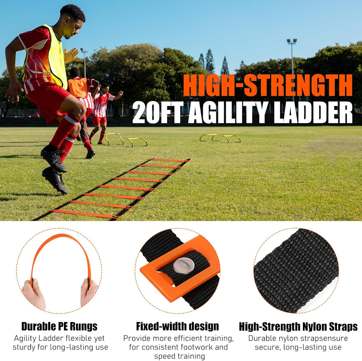 Soccer Training Equipment, Agility Speed Training Set with 20ft Speed Ladder, 12 Cones, 4 Adjustable Hurdles, Jump Rope, Parachute | Ideal for Basketball, Football Practise, for Kids, Youth, Adults