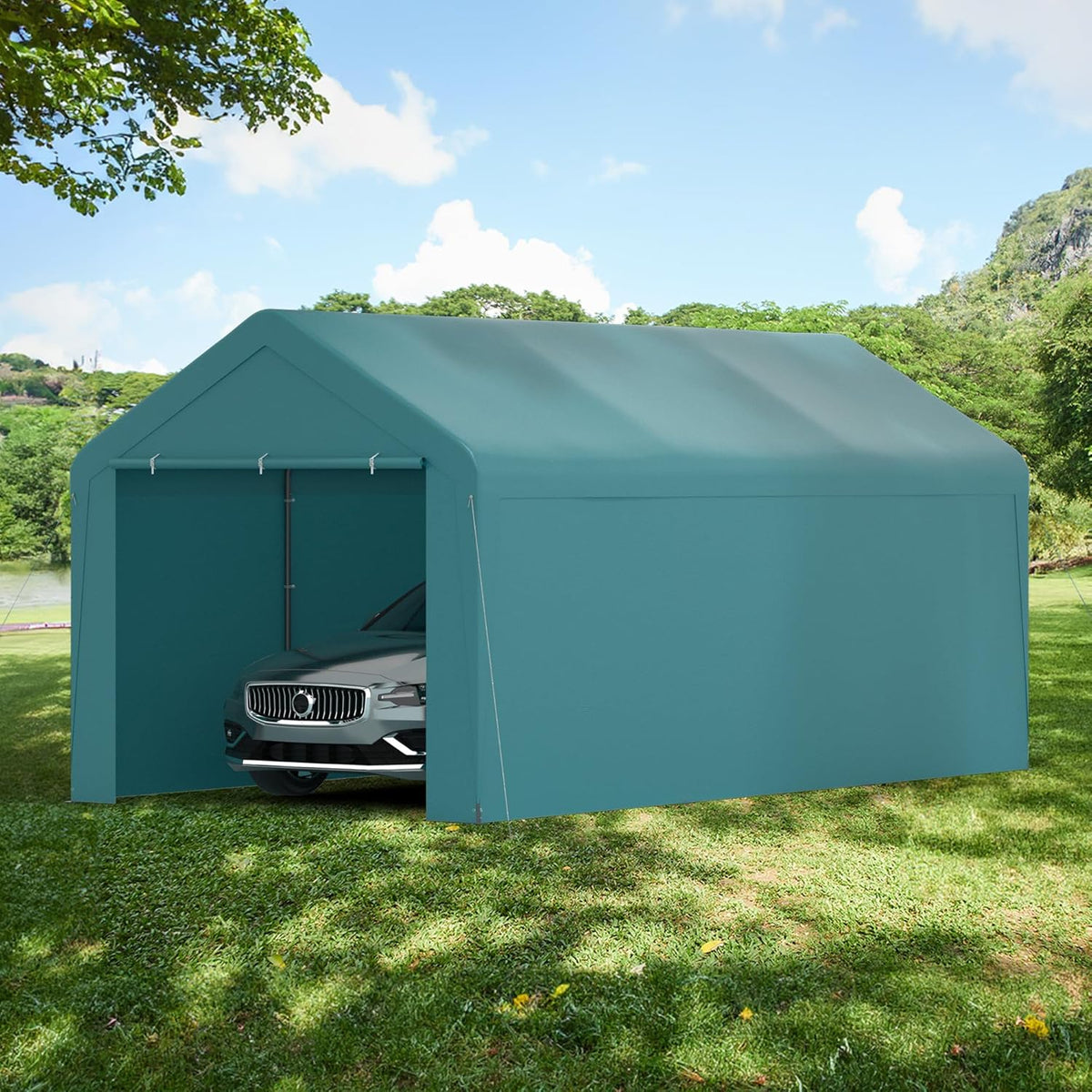 Carport, 10‘ x 20’ Heavy Duty Portable Garage All-Season Car Canopy w/Removable Sidewall & Doors, Carport Canopy Party Tent w/Water-Resistant Tarp for Backyard (Green, 10‘ x 20’)