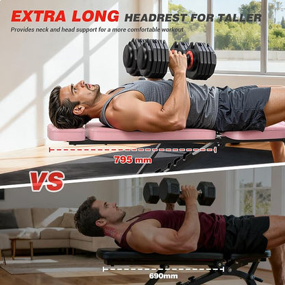 XDDIAS Workout Bench, 10 Backrests Adjustable Weight Bench with Extended Headrest, 800LBS Foldable Weight Bench for Home Gym, Incline Decline Flat Bench Compact for Small Space Training