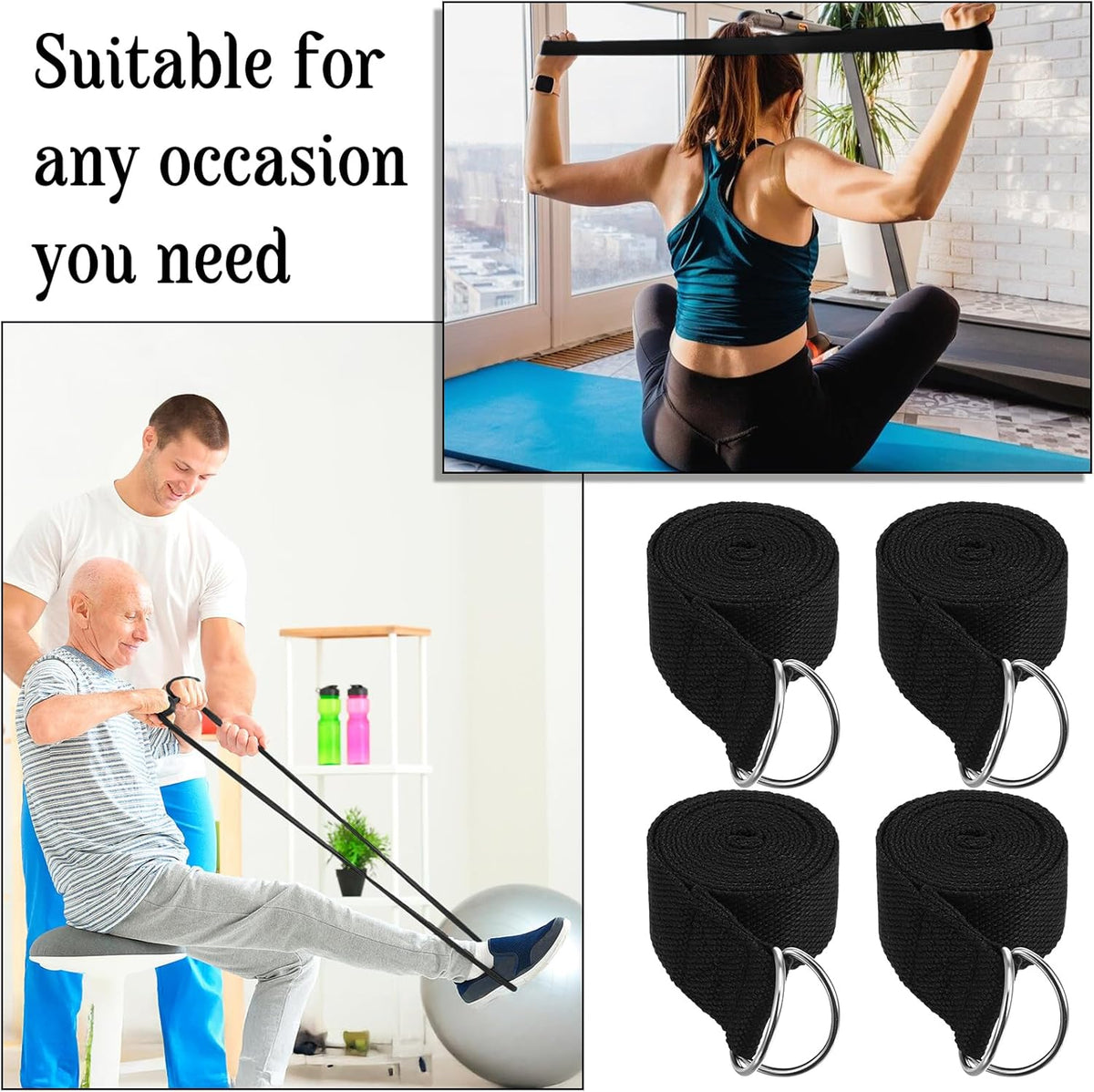 12 Pack Yoga Straps for Stretching, 6 Ft Black Exercise Bands with Adjustable D Ring Buckles for Pilates, Gym Fitness, Flexibility Training, Men Women