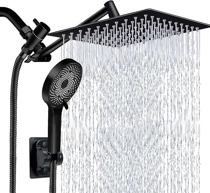 Shower Head,10 Inch High Pressure Rain Shower Head with Handheld Spray Combo, Adjustable Dual Rainfall Shower Head - Showerhead Comb Set with Extension Arm - 60 Inch Long Shower Hose（Black）