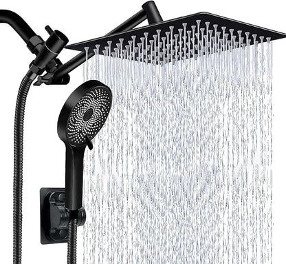 Shower Head,10 Inch High Pressure Rain Shower Head with Handheld Spray Combo, Adjustable Dual Rainfall Shower Head - Showerhead Comb Set with Extension Arm - 60 Inch Long Shower Hose（Black）
