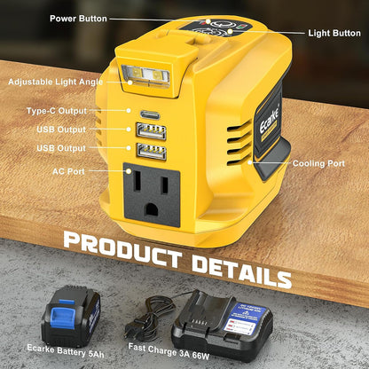 Power Inverter 200W Portable Power Station Generator Compatible with DeWALT 20V,20v to AC 110v,Supply Charger Adapter with Dual USB,AC Outlet and Type-C with 5Ah Battery & Charger Station Kit