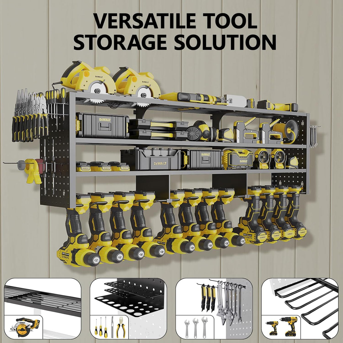 Large Power Tool Organizer Wall Mount, 4 Layer 49" W Heavy Duty Metal Tool Storage Rack with 12 Drill Holder, Utility Racks for Garage Workshop, Ideal Garage Organization Gifts for Men